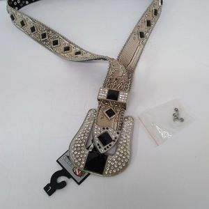 Nocona Western Womens Belt Leather Beige Croc Stud Onyx Rhinestones 44"L X1"W